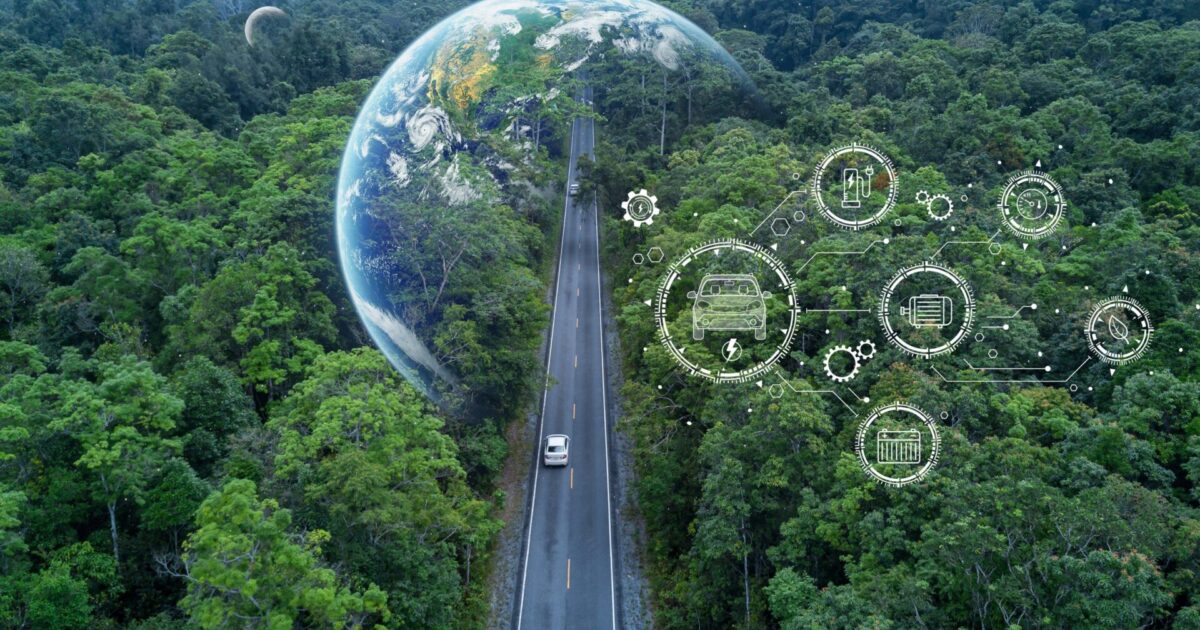 Electric vehicle car going through forest, EV electrical energy for environment, Nature power technology sustainable devlopment goals green energy, Ecosystem ecology healthy environment road trip