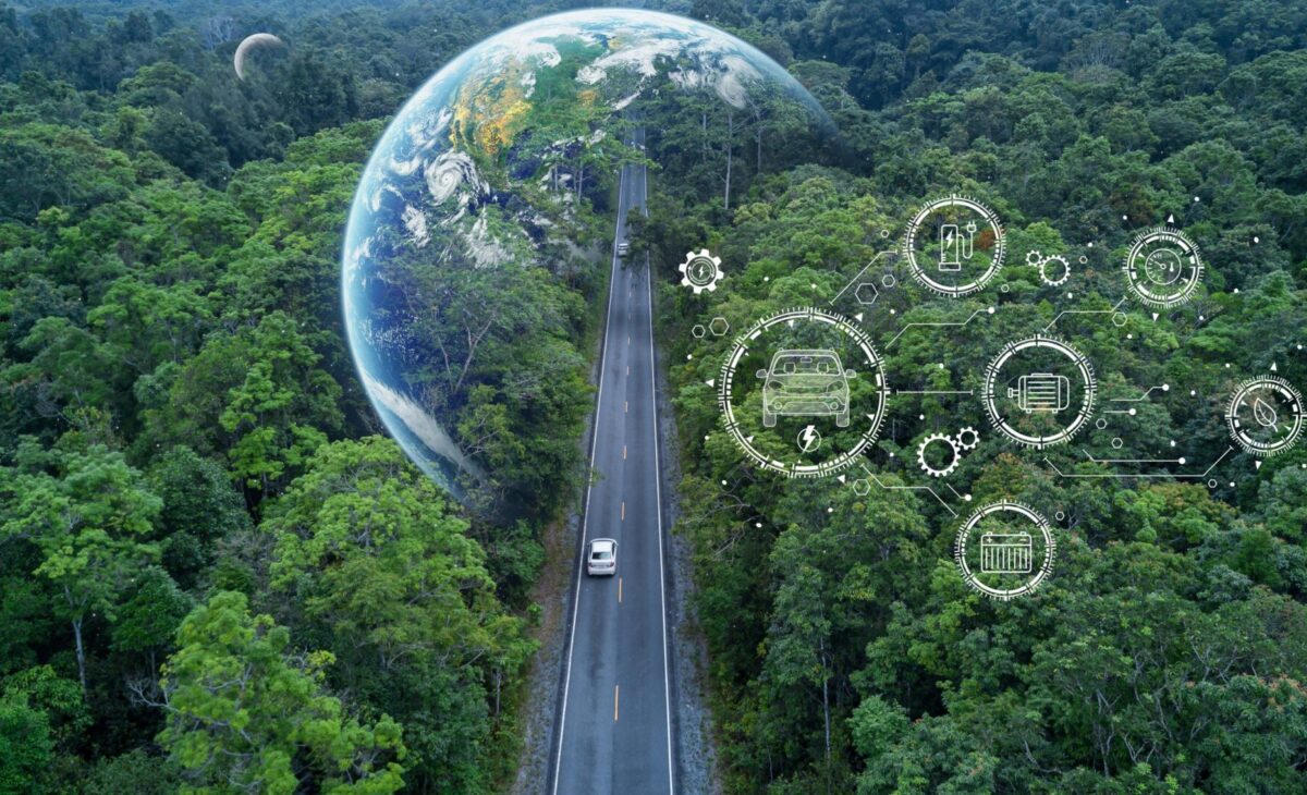 Electric vehicle car going through forest, EV electrical energy for environment, Nature power technology sustainable devlopment goals green energy, Ecosystem ecology healthy environment road trip